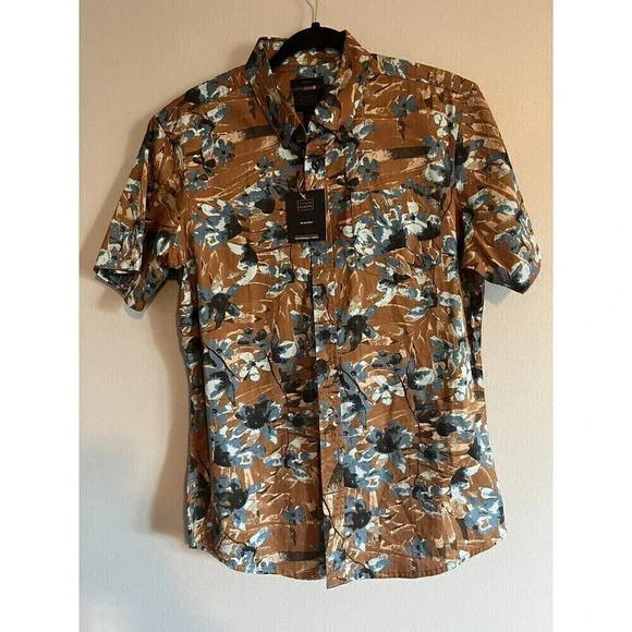 14TH & Union Trim Fit Short Sleeve Button Down Size Medium Brown Blue NWT - Picture 1 of 2